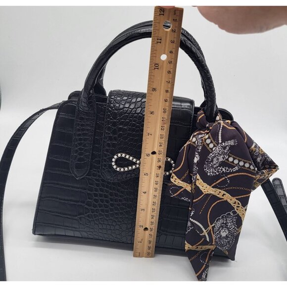Betsey Johnson Black Satchel Crocodile Print Handbag Purse w/ Scarf Two Handle - Picture 11 of 11